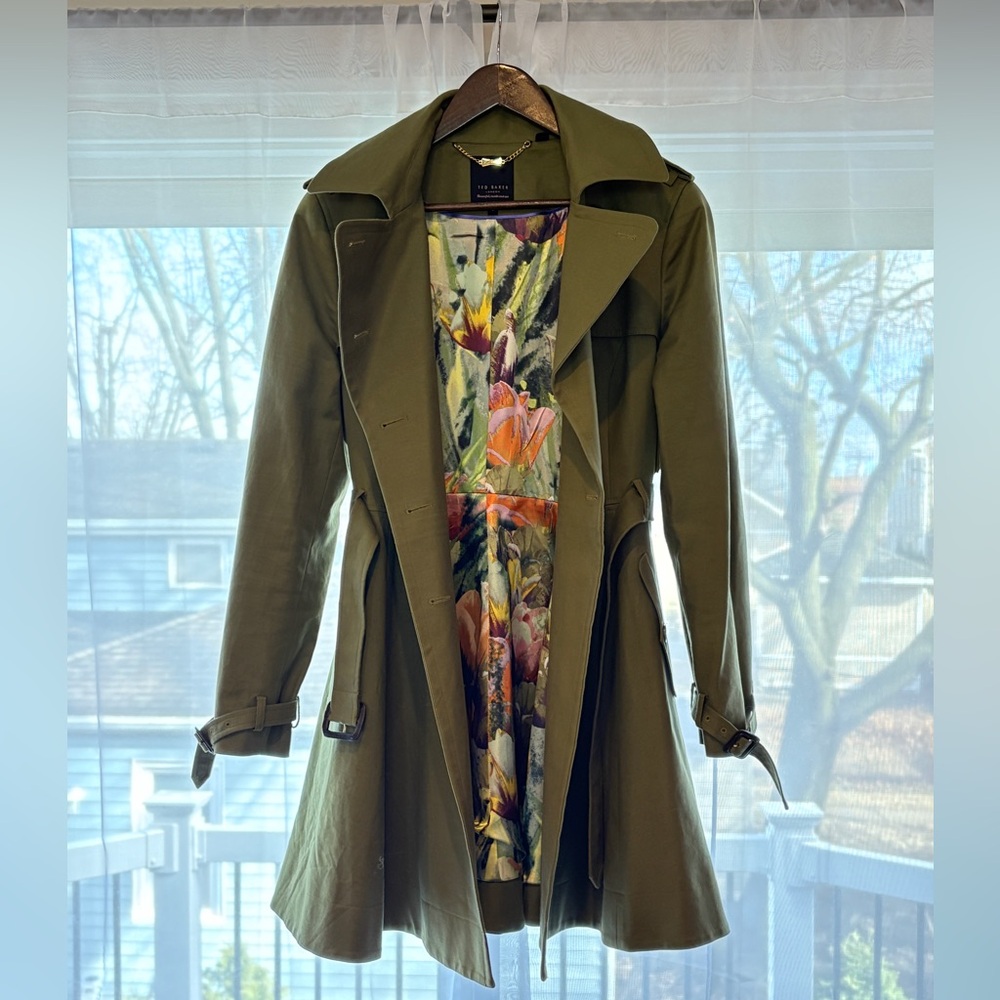 Olive Green Double-Breasted Ted Baker Trench Coat - Picture 3 of 5